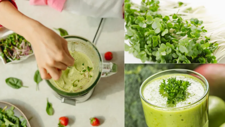 Three-panel collage: a hand blending a green smoothie among spinach and strawberries, close-up of white-stemmed seedlings, and a parsley-topped green smoothie glass