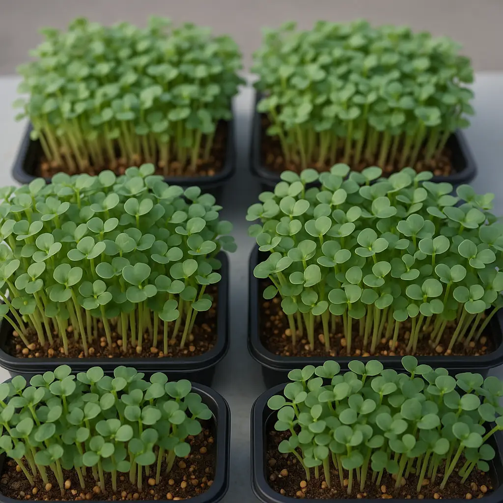 Six black trays of broccoli microgreens seen from above, dense green seed leaves above pale stems and dark compost