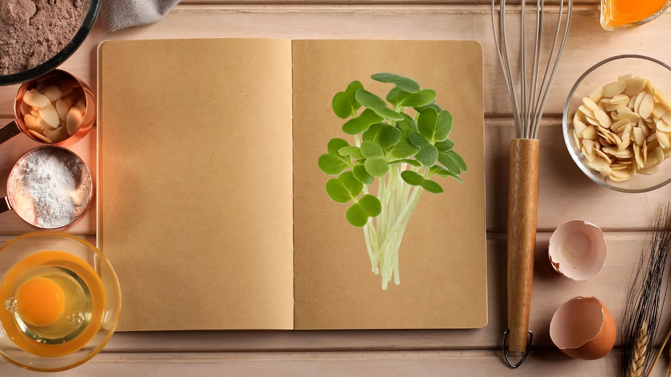 Open blank notebook on a wooden table with green shoots laid on one page, ringed by a whisk, flour, egg yolk, almonds and cracked eggshells