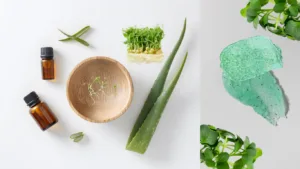 Flat lay of amber dropper bottles, aloe vera leaves, a wooden bowl and a mat of pea shoots, beside smears of green gel