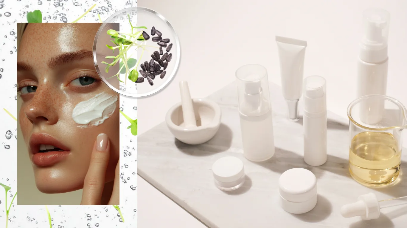 Freckled woman with a streak of white cream on her cheek, beside plain white cosmetic bottles, jars, a mortar and a beaker of yellow oil