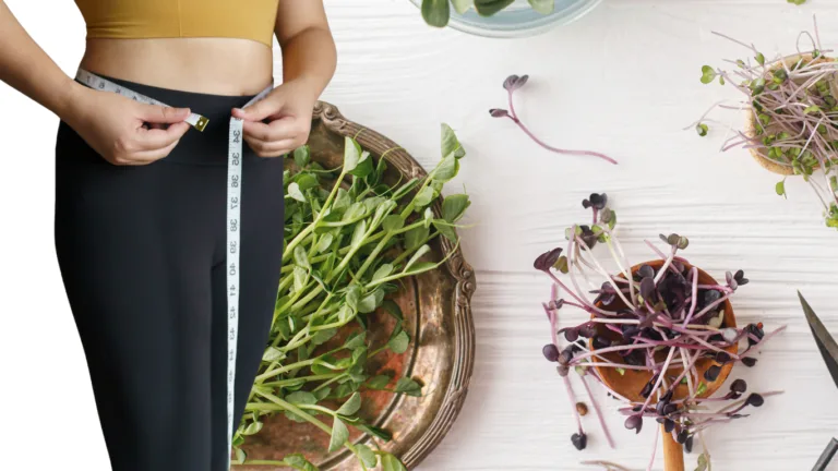 Split image: woman in a yellow crop top measuring her waist with a tape measure, beside pea shoots and purple radish shoots
