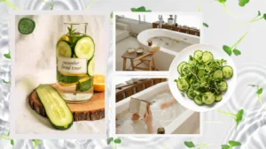 Collage: a jar labelled "cucumber facial toner" with cucumber and lemon slices, a white bathtub with wooden stool and brush, and a plate of cucumber salad
