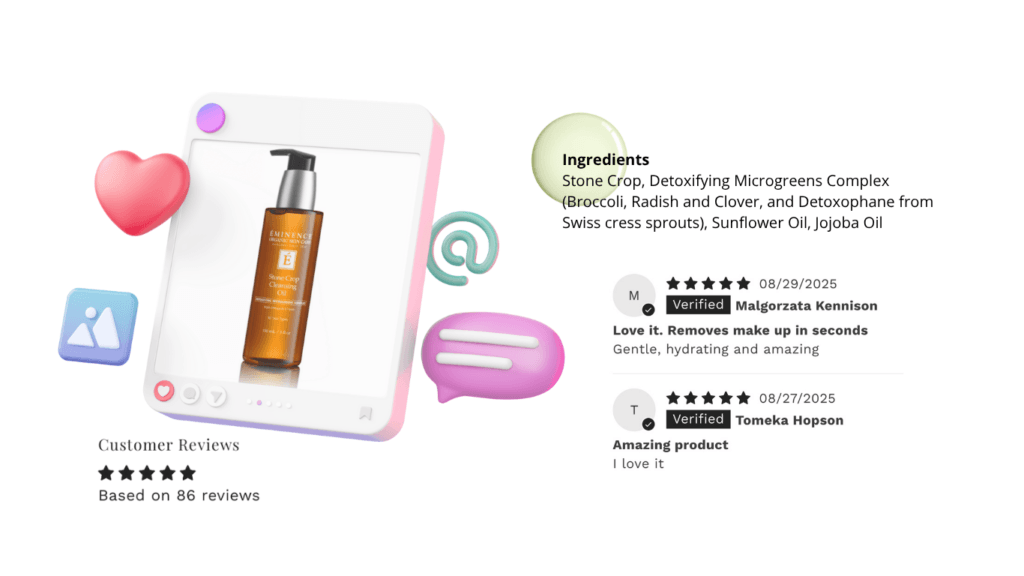 Eminence Stone Crop Cleansing Oil bottle beside its microgreens ingredient list and two five-star verified customer reviews, rated five stars from 86 reviews