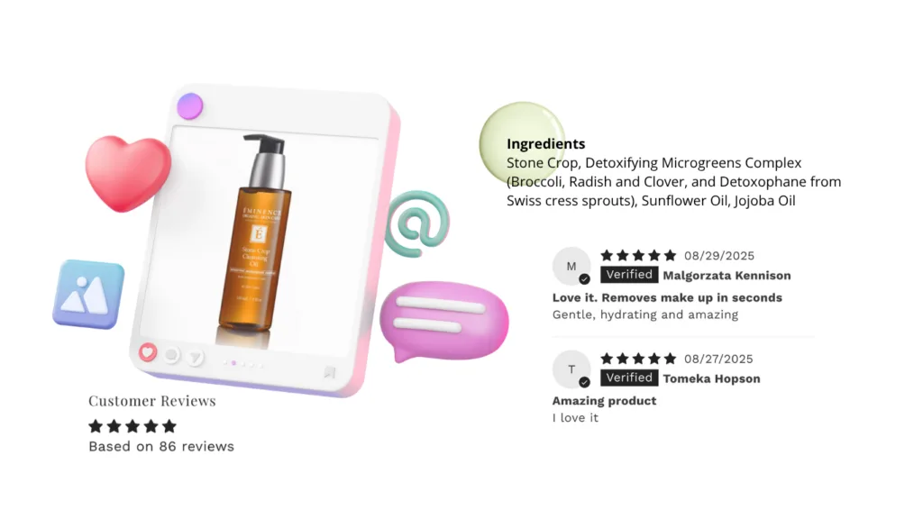 Eminence Stone Crop Cleansing Oil bottle beside its microgreens ingredient list and two five-star verified customer reviews, rated five stars from 86 reviews