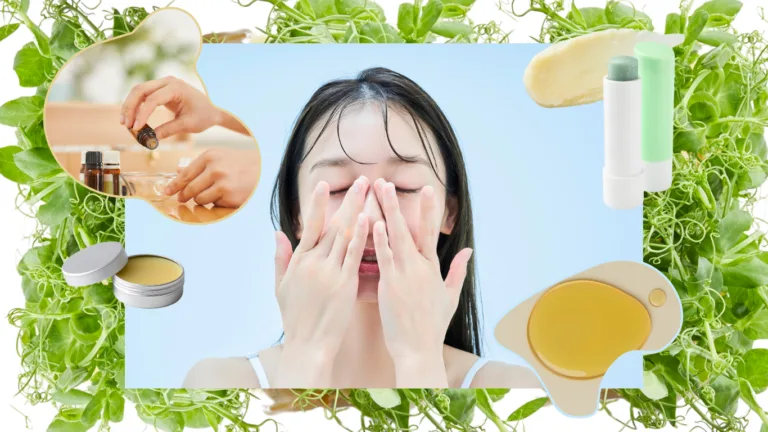 Woman pressing both hands to her face, framed by pea shoots and cut-outs of a dropper bottle, a balm tin and a lip-balm stick