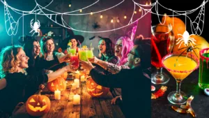 Costumed friends toasting neon cocktails over a table of carved jack-o'-lanterns and candles, beside an orange spider-topped martini and gummy worms