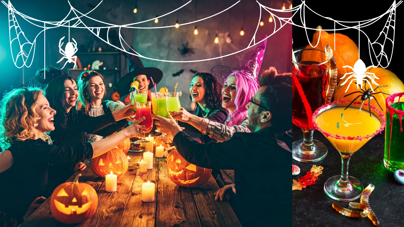 Costumed friends toasting neon cocktails over a table of carved jack-o'-lanterns and candles, beside an orange spider-topped martini and gummy worms