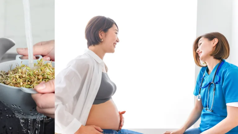 Hands rinsing sprouted seeds in a colander under running water, beside a smiling pregnant woman talking with a nurse in blue scrubs