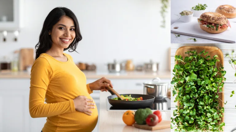 Smiling pregnant woman in a mustard top stirring vegetables in a pan, beside a bagel sandwich with greens and a tray of radish shoots