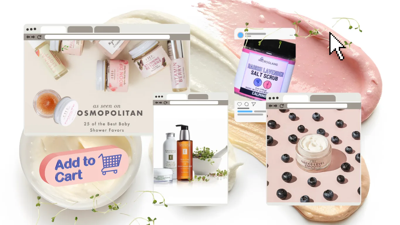 Mock online-shop windows selling microgreen skincare: a MICROGLAMS "Radish Lavender Salt Scrub" jar with an "as seen on Cosmopolitan" banner and an "Add to Cart" button, alongside product panels headed "Neck-Level Smooth", "Moon Dip", "Vitamin Berry" and "Stunning Returns", and an article teaser reading "25 of the Best Baby Shower Favors"