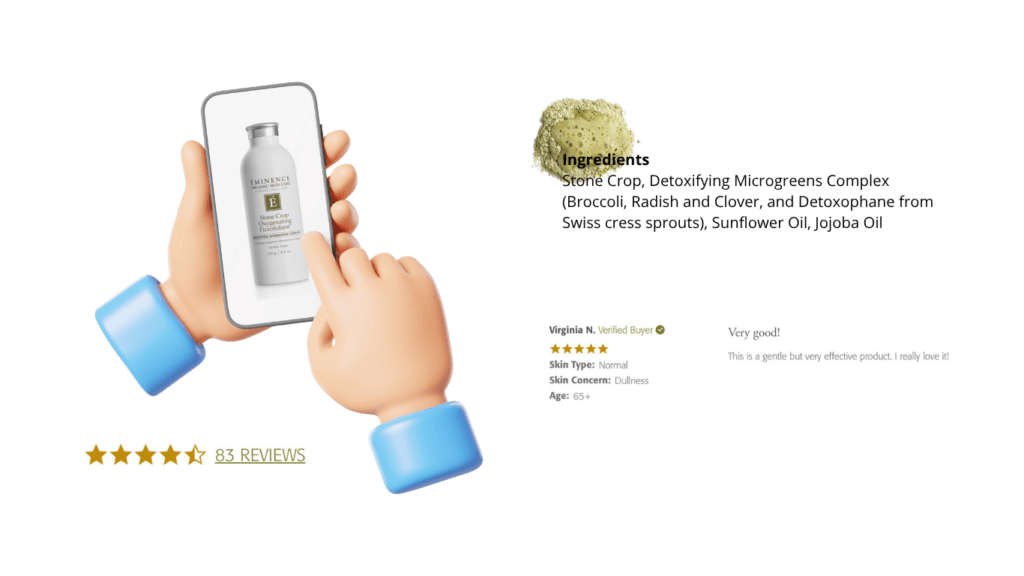 Eminence Stone Crop Oxygenating Fizzofoliant bottle shown on a phone screen with its microgreens ingredient list, a four-and-a-half star rating from 83 reviews and a five-star verified buyer review