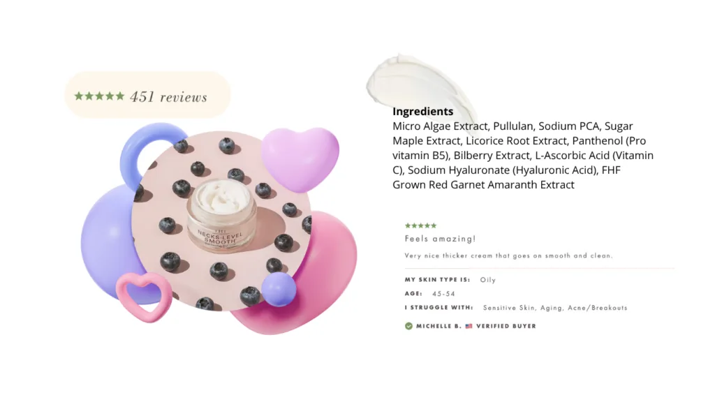FarmHouse Fresh Necks-Level Smooth neck cream jar surrounded by blueberries, with its ingredient list, a five-star rating from 451 reviews and a verified buyer review