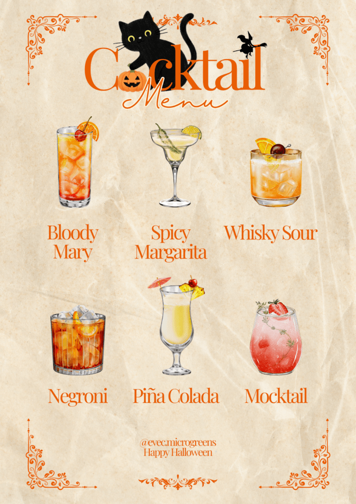 Illustrated Halloween cocktail menu poster with a black cat and carved pumpkin, listing six drinks: Bloody Mary, Spicy Margarita, Whisky Sour, Negroni, Pina Colada and Mocktail