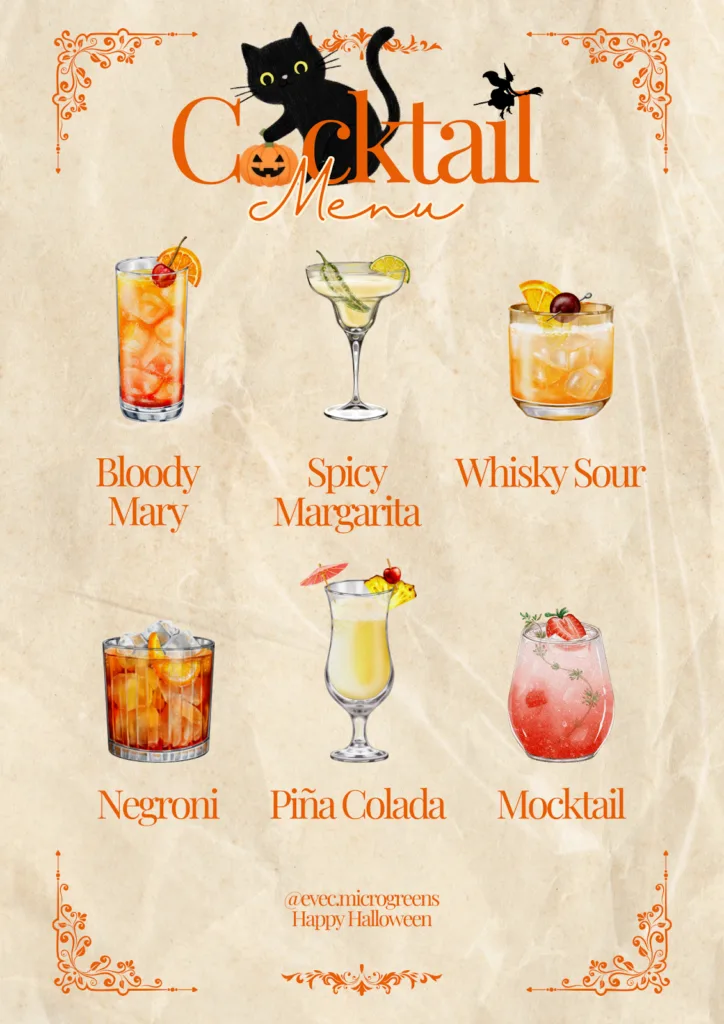 Illustrated Halloween cocktail menu poster with a black cat and carved pumpkin, listing six drinks: Bloody Mary, Spicy Margarita, Whisky Sour, Negroni, Pina Colada and Mocktail