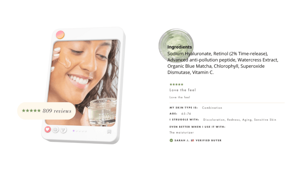 Woman smiling as she applies FarmHouse Fresh Watercress Hydration Cascade moisturizer to her cheek, with the ingredient list, a five-star rating from 809 reviews and a verified buyer review