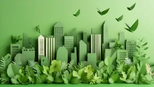 Paper-craft illustration of a city skyline in shades of green, banked with layered paper ferns and leaves, paper birds flying overhead