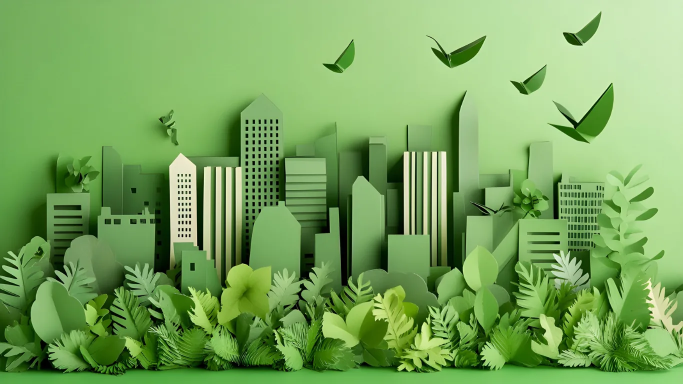 Paper-craft illustration of a city skyline in shades of green, banked with layered paper ferns and leaves, paper birds flying overhead
