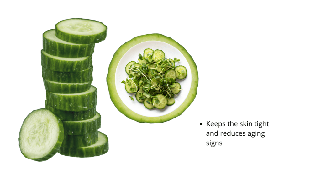 Stack of cucumber slices beside a bowl of sliced cucumber topped with cucumber microgreens, captioned keeps the skin tight and reduces aging signs. That overlaid caption is legacy marketing wording this article does not endorse.