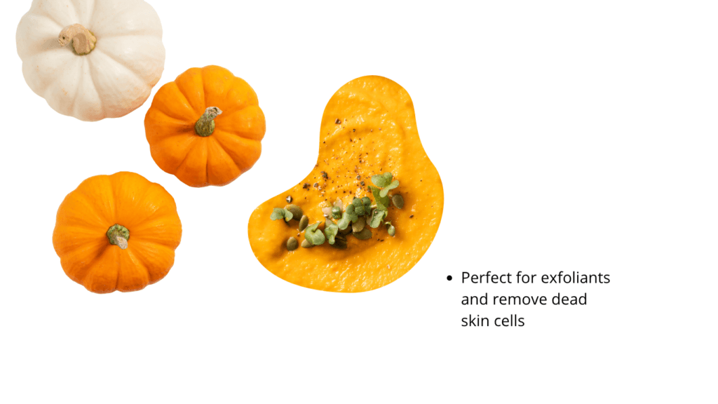 Three small pumpkins beside a bowl of pumpkin soup topped with pumpkin microgreens and seeds, captioned perfect for exfoliants and removing dead skin cells. That overlaid caption is legacy marketing wording this article does not endorse.