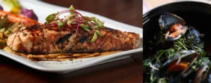 Two-panel plating shot: a seared salmon fillet on a white plate with balsamic drizzle under a tuft of pink and green shoots, beside a black bowl of mussels scattered with green herb sprigs