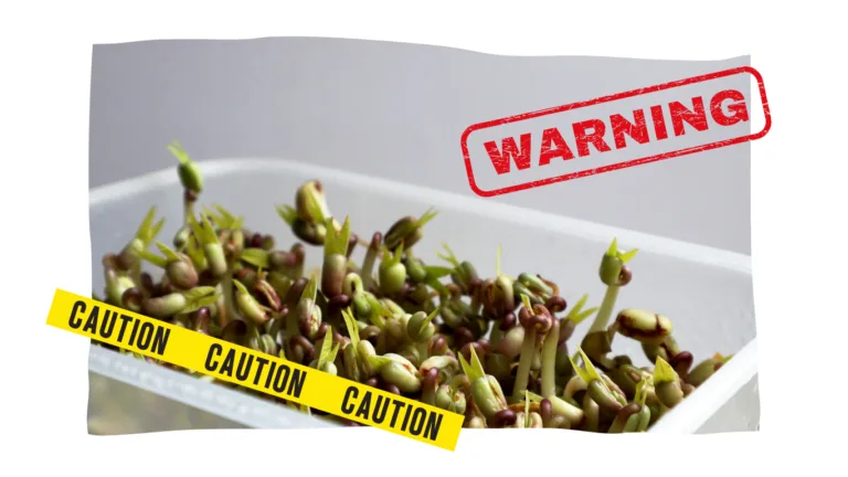 Tray of sprouted beans with pale shoots, overlaid with a red "WARNING" stamp and yellow hazard tape repeating the word "CAUTION"