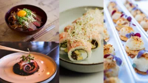 Four-panel restaurant collage: a beef rice bowl topped with raw egg yolk and sprouts, an octopus tentacle coiled in dark sauce, a sushi roll piled with white shoots, and a row of canapes with purple petals