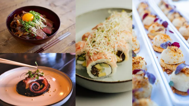 Four-panel restaurant collage: a beef rice bowl topped with raw egg yolk and sprouts, an octopus tentacle coiled in dark sauce, a sushi roll piled with white shoots, and a row of canapes with purple petals