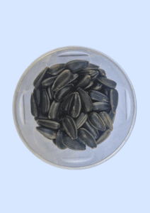 Sunflower seeds in a glass dish, large black-and-grey striped husks