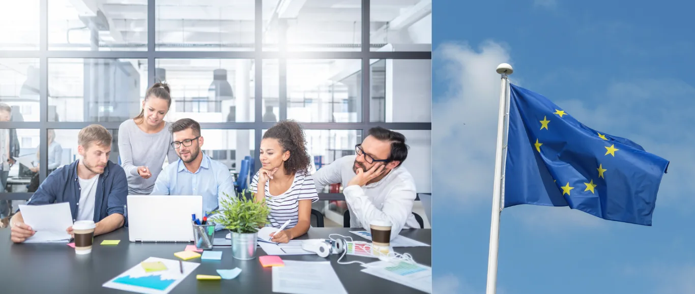 Two panels: colleagues gathered around a laptop in a bright open-plan office, and the European Union flag flying on a pole against blue sky