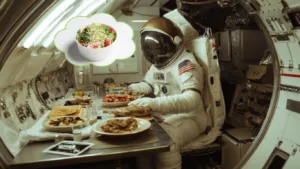 An astronaut in a white spacesuit and helmet sits at a table laid with plates of food inside a spacecraft interior, with a cloud-shaped thought bubble showing a bowl of green salad.