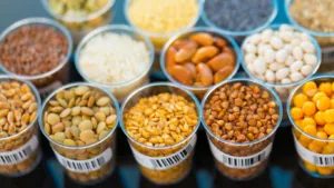 Rows of clear barcode-labelled cups holding different seeds and pulses: flax, rice, orange and white beans, lentils, buckwheat and yellow peas