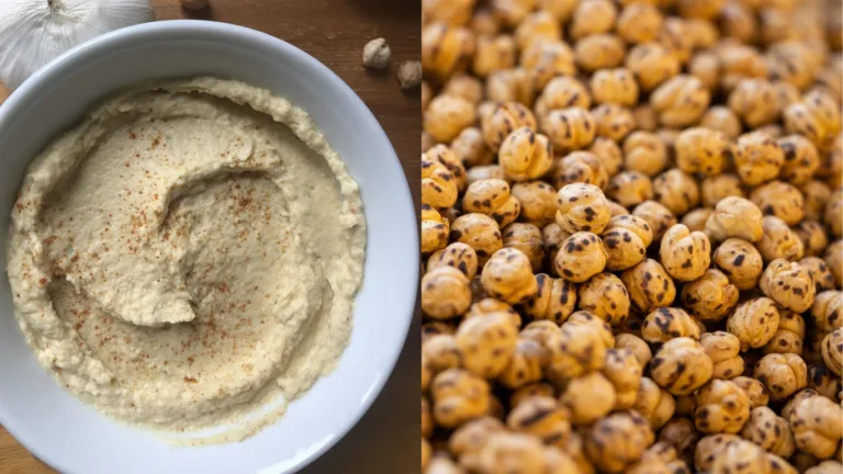 Two panels: a white bowl of hummus dusted with paprika beside a garlic bulb, and a close-up heap of roasted chickpeas