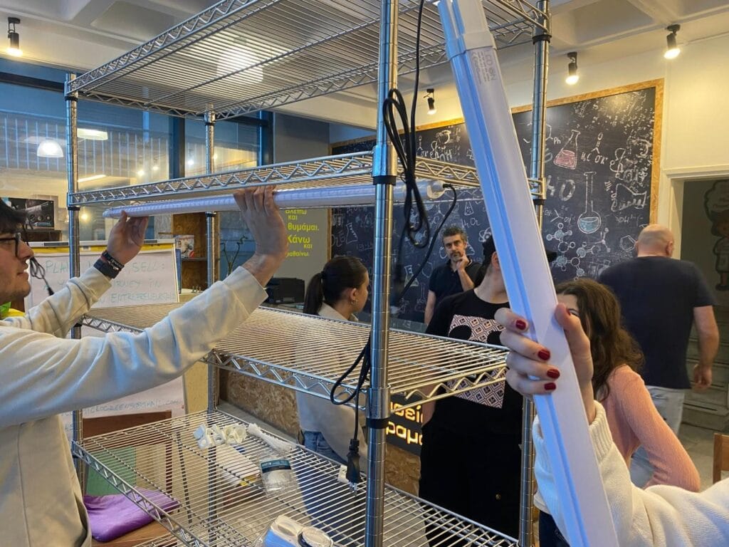 Volunteers assembling a grow rack for the microgreens methodology